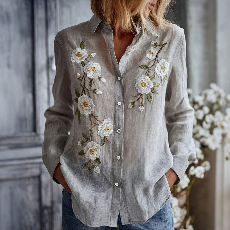 Vintage Embroidered Floral Linen Women's Long Sleeve Shirt