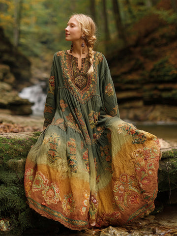 Vintage Boho Floral Pattern Women's Linen Long Sleeve Flowy Maxi Dress