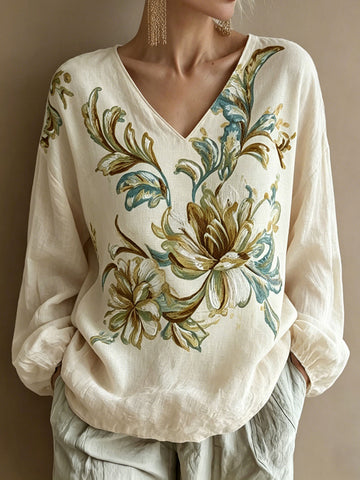Women's Floral Art Pattern Linen Blend V-neck T-shirt