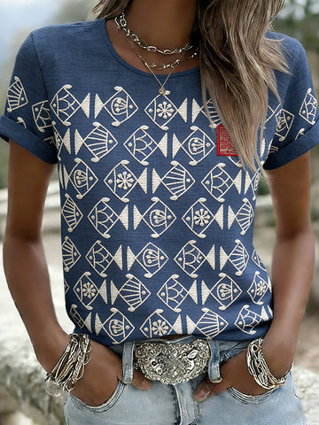 Retro Japanese Art Fish Pattern Linen T-shirt