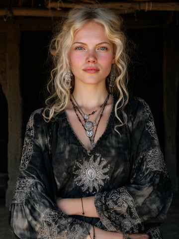 Mysterious Moon Divination Art Tie-dyed Black Linen Top