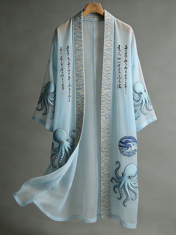 Japanese-style Octopus And Calligraphy Art Embroidered Kimono