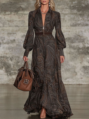 Fashion Retro Paisley Pattern Zipper Maxi Dress