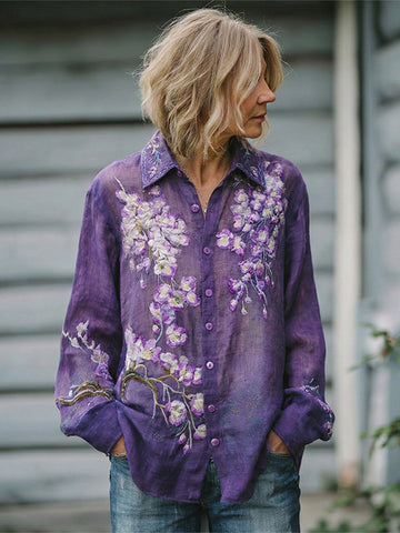 Women's Vintage Iris Embroidered Floral Linen Long Sleeve Shirt