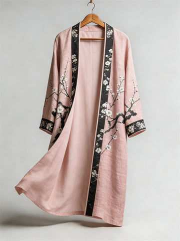 Japanese Plum Blossom Art Flowy Long Linen Kimono