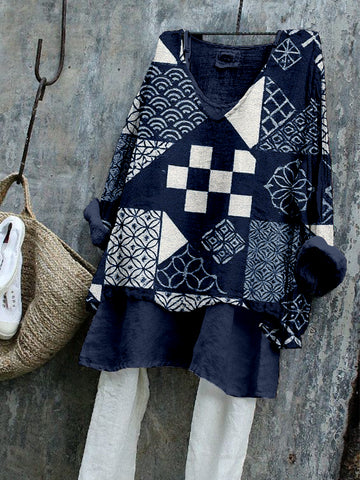 Modern Japanese Art Pattern Flowy Linen Tunic