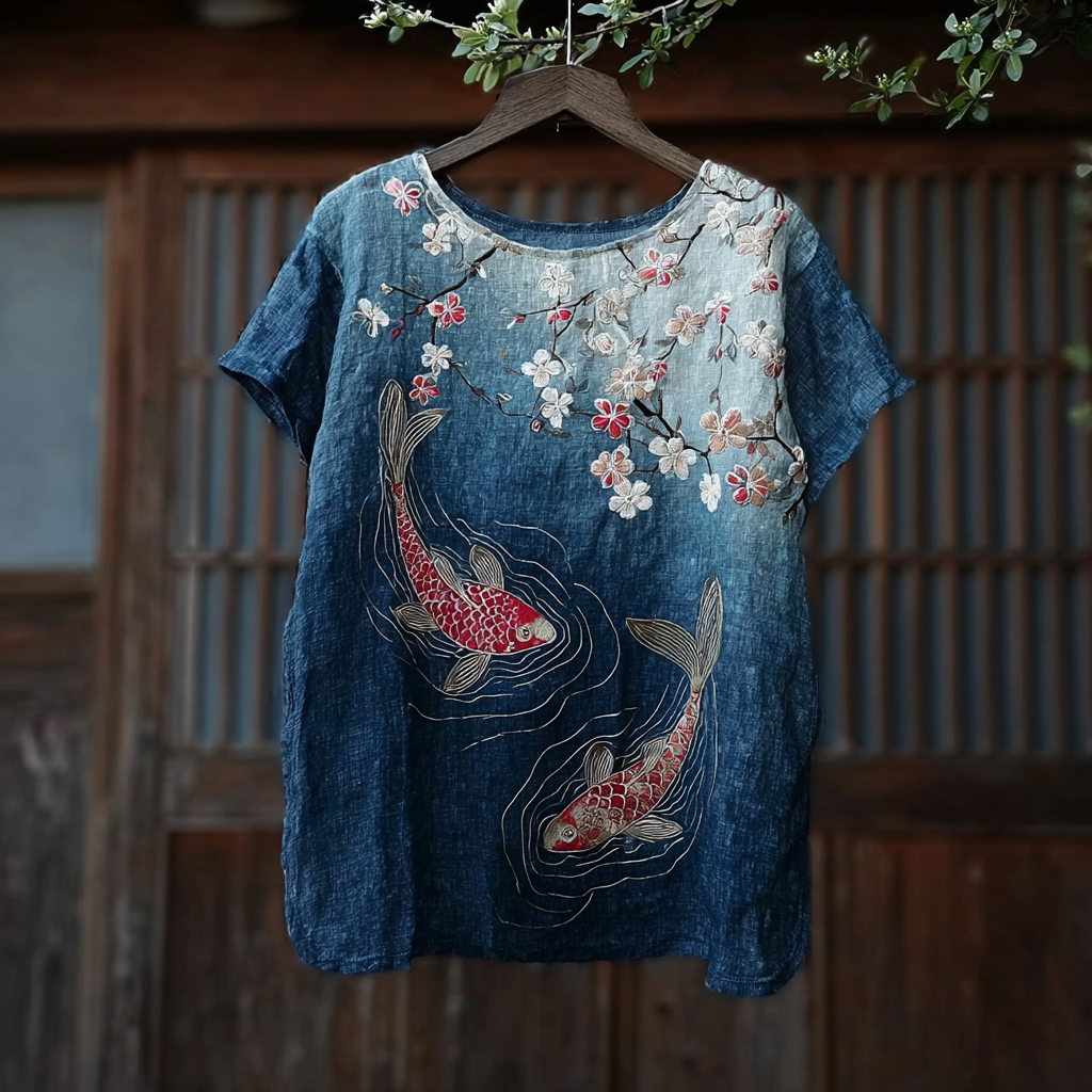 Japanese Art Goldfish And Cherry Blossom  Pattern Design Casual Linen Short-sleeve T-shirt