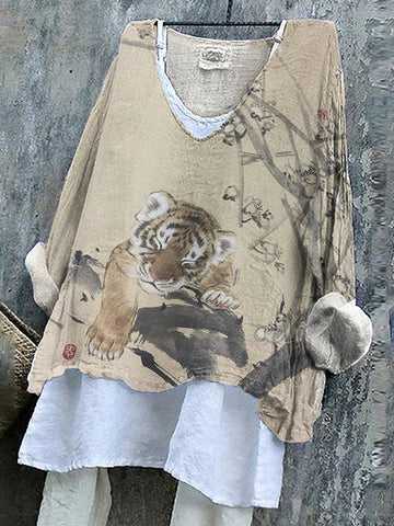 Women's Cute Tiger With Pear Blossom Art V-neck Linen Blend T-shirt