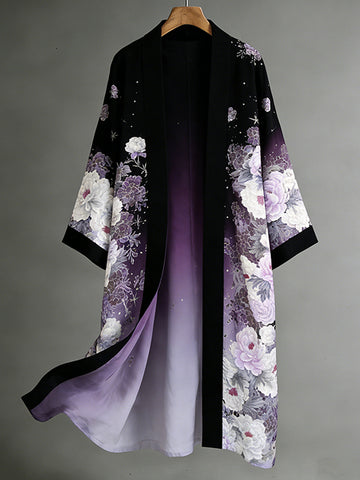 Japanese-style Chrysanthemum Print Artistic Purple Gradient Long Kimono