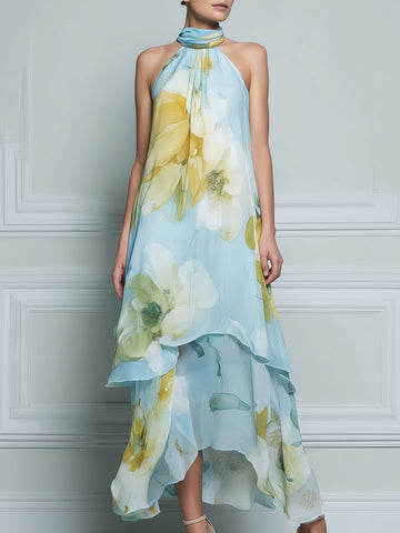 Halter Neck Layered Floral High-Low Maxi Dress