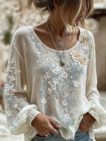 Women's Floral Print Crew Neck Long Sleeve Linen Blend T-shirt