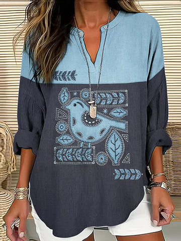 Women's Vintage Floral Bird Art Linen Long-sleeved Shirt