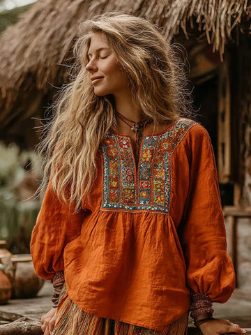 Women's Vintage Vacation Boho Tribal Ethnic Print Round-neck Linen Blend Tops