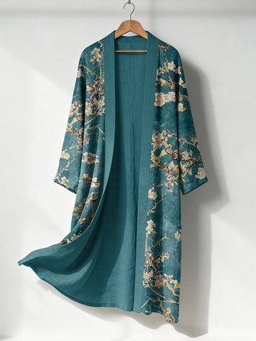 Japanese Floral Lino Art Flowy Long Linen Kimono