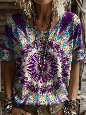 Women's Retro Tie Dye Geometric Art Print Crew Neck Short Sleeve Casual T-shirt