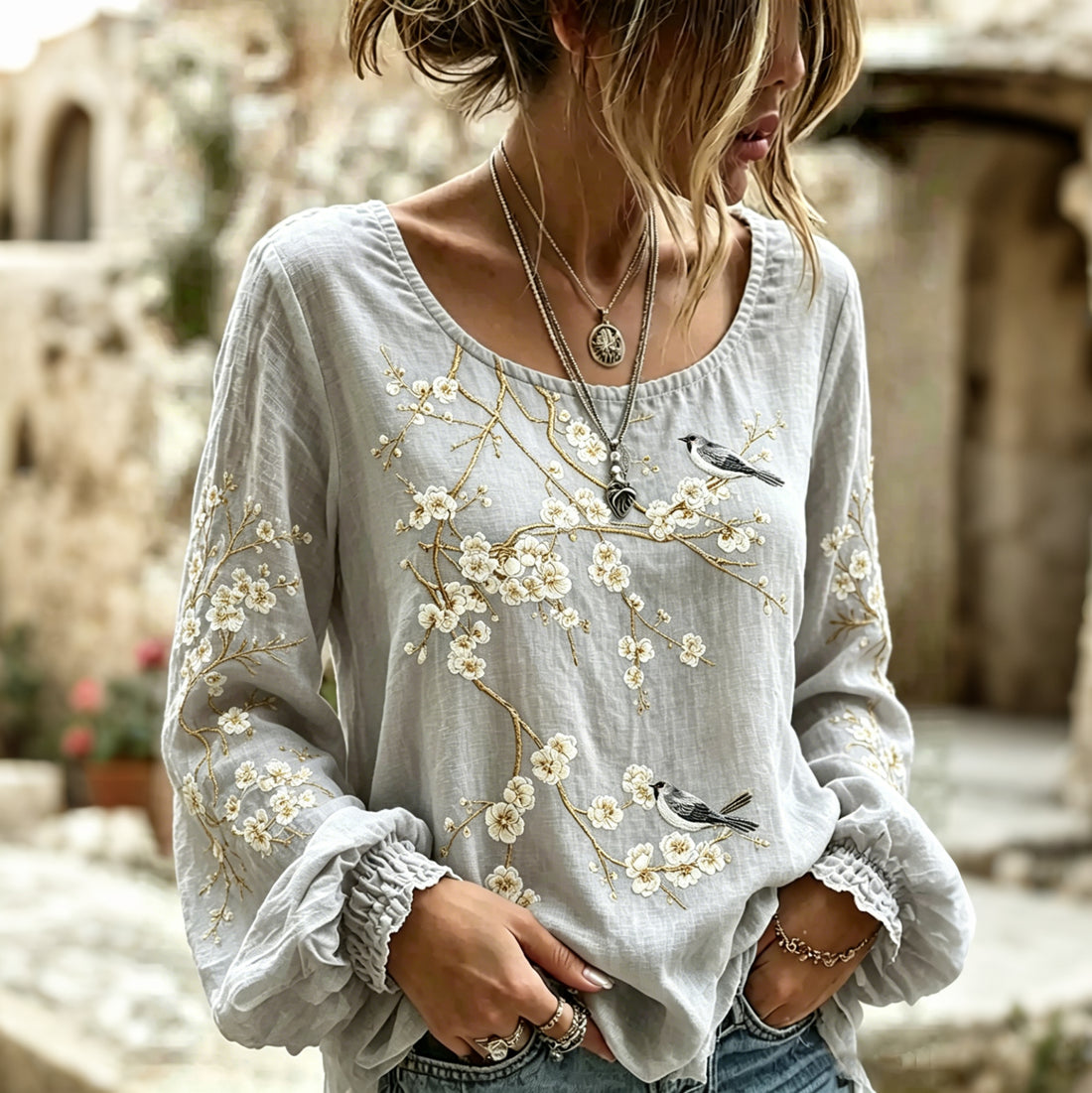 Women's Vintage Floral And Bird Art Crew Neck Long Sleeve Linen Blend T-shirt