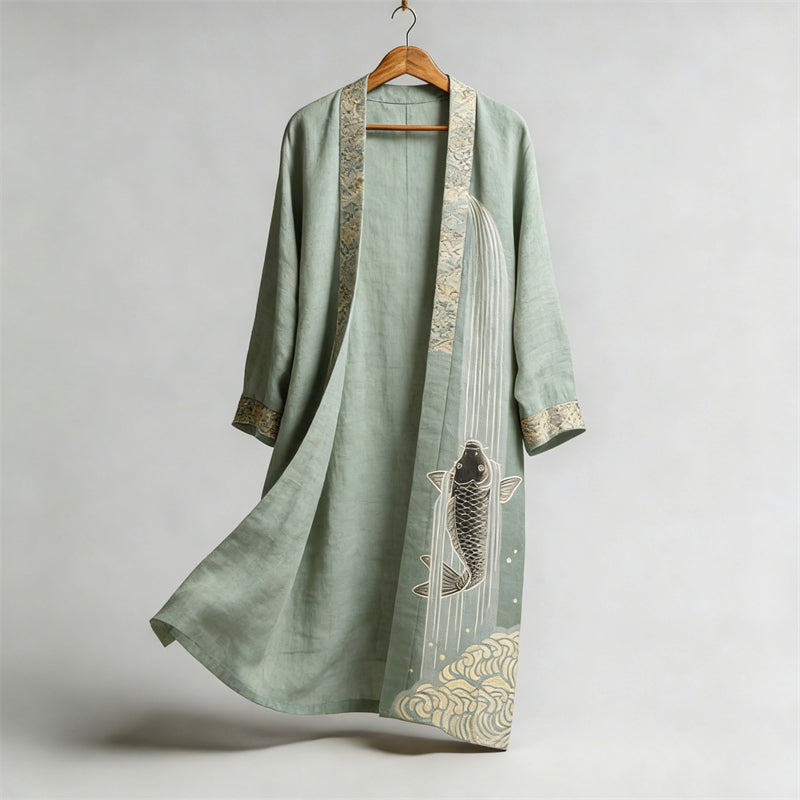 Japanese Koi Carp Fish Upstream Flowy Linen Long Kimono