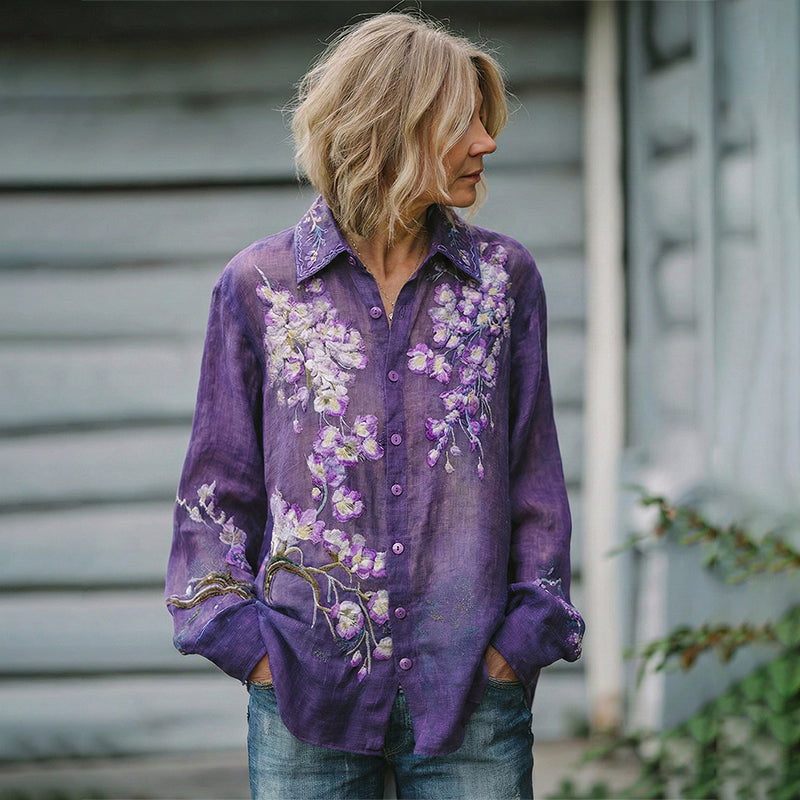 Women's Vintage Iris Embroidered Floral Linen Long Sleeve Shirt