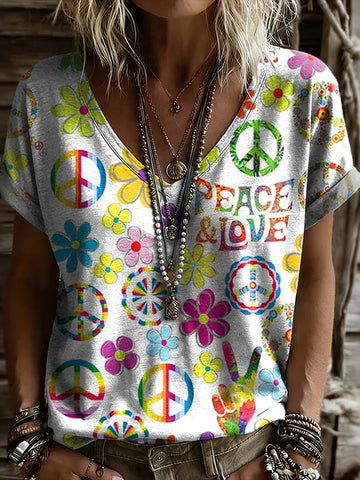 Women's Hippie Peace Print Short Sleeve T-shirt