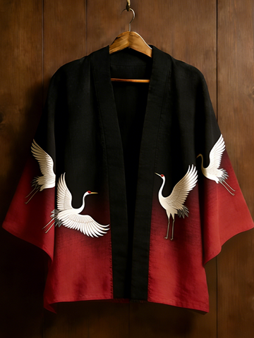 Japanese Art Retro Crane Pattern Cotton And Linen Cardigan