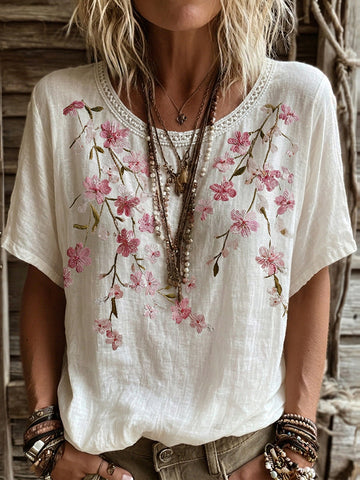 Women's Japanese Flower Art Print Linen Blend T-shirt