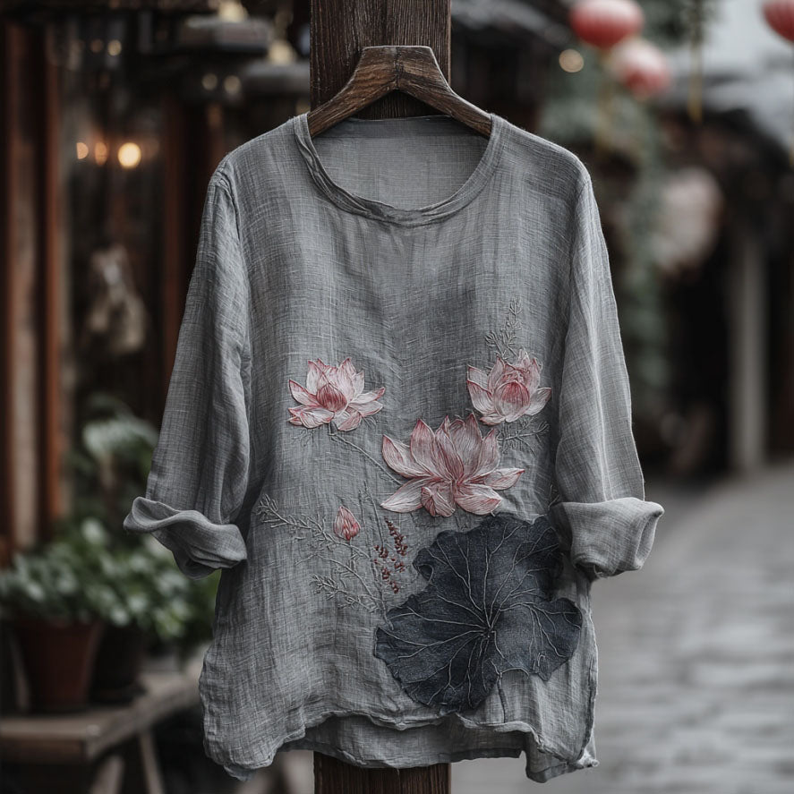 Women's Retro Lotus Pattern Linen Blend Long-sleeve T-shirt