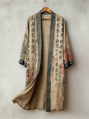 Japanese Ancient Calligraphy Art Linen Long Kimono