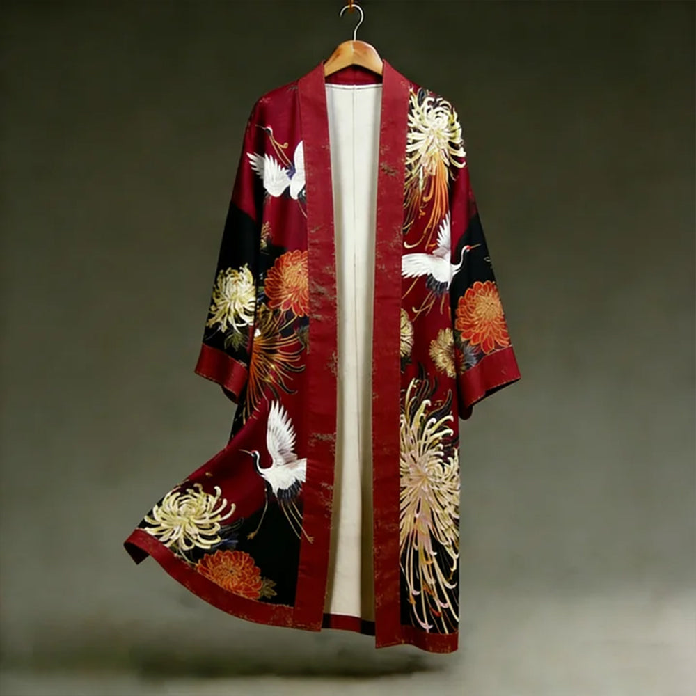 Japanese-style Crane And Chrysanthemum Embroidered Art Linen Long Kimono
