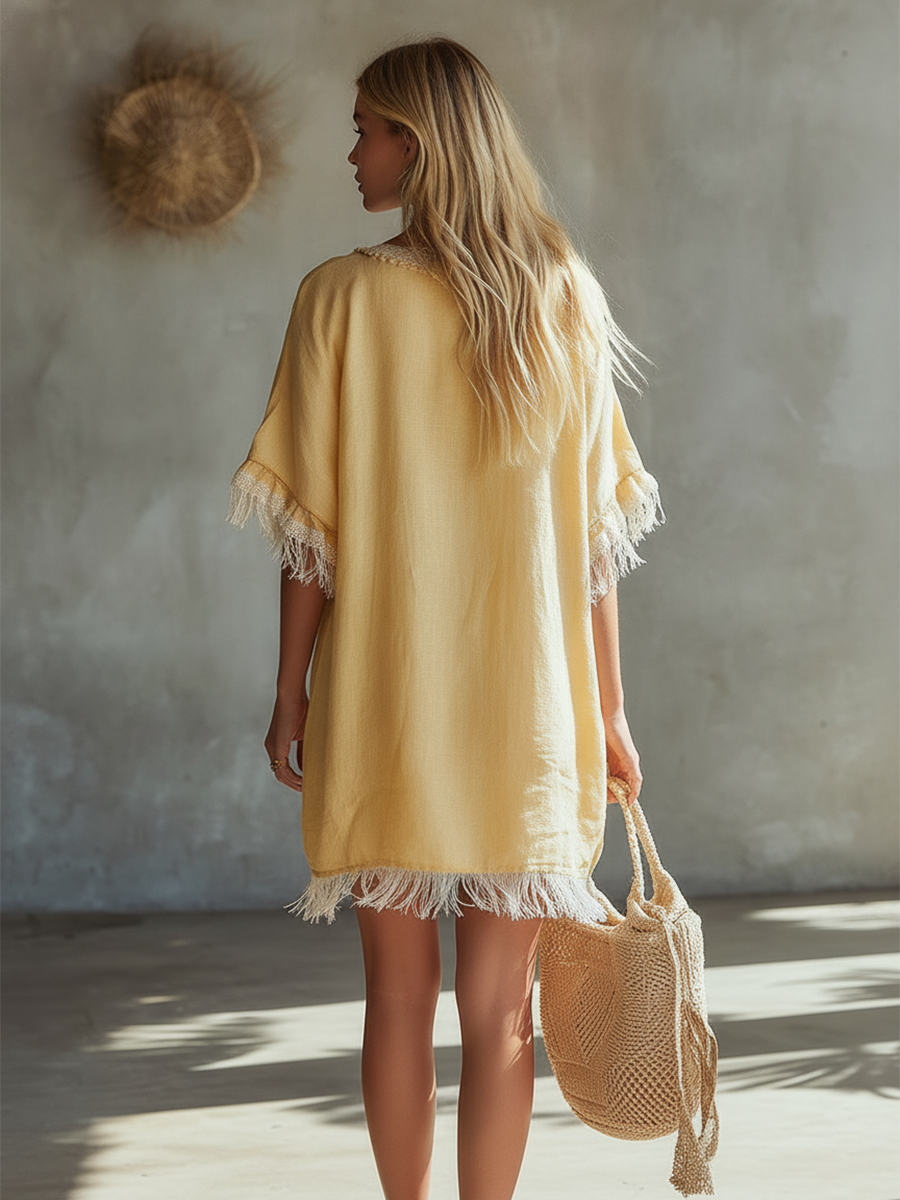 Vintage-style Lace And Fringe Trim Warm Yellow Cotton-linen Short-sleeve Mini Dress