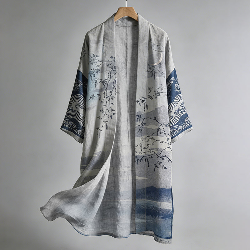 Women's Japanese Art Linen Long Kimono