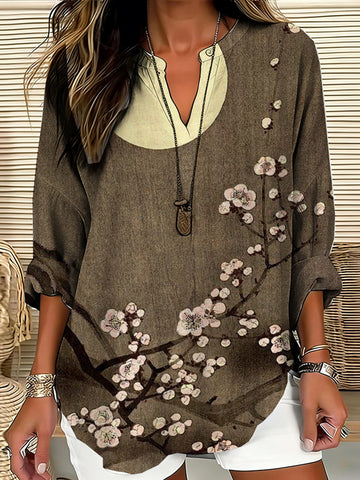 Japanese Style Moonlit Plum Leisure V-neck Cotton And Linen Top
