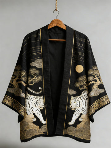 Japanese Tigers & Pine Trees Art Linen Kimono