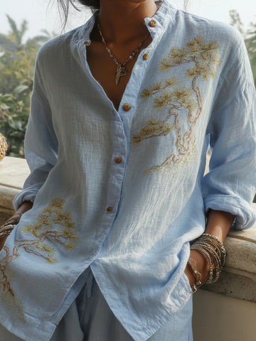 Women's Retro Japanese Pine Tree Art Pattern Casual Linen Shirt