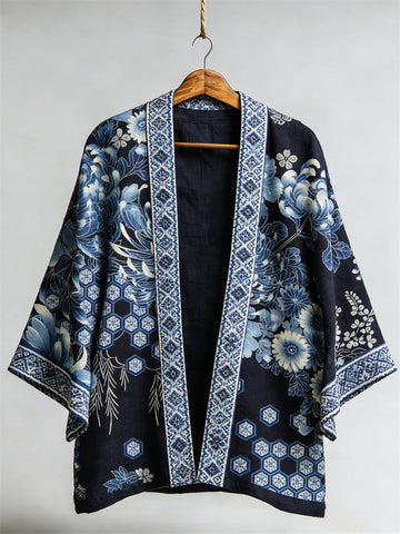Japanese Chrysanthemum Floral Art Linen Kimono