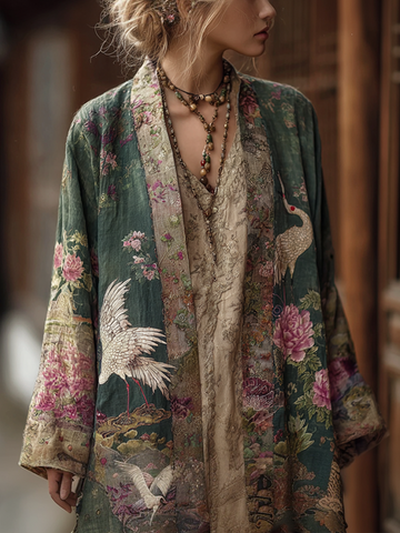 Japanese Art Retro Style Plant Flower And Crane Pattern Women's Cotton And Linen Cardigan