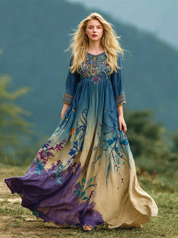 Boho Vintage Ethnic Floral Gradient Art Women's Linen Flowy Maxi Dress