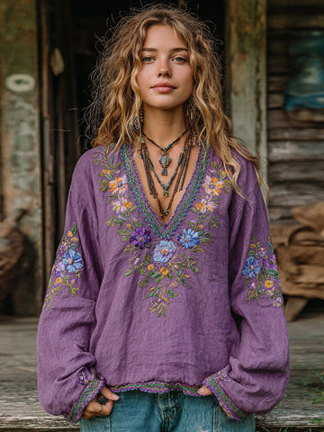 Women's Vintage Floral Embroidered Art Linen Loose Blouses