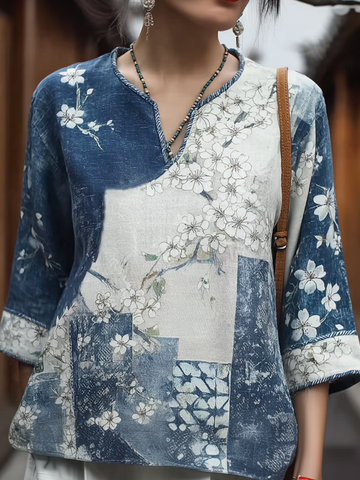 Japanese Art Retro Style Cherry Blossom Pattern Women's V-neck Top