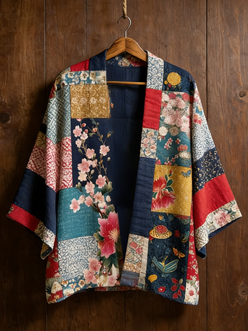 Japanese Art Style Patchwork Design Pattern Women's Retro Cotton And Linen Cardigan