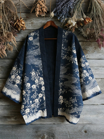 Retro Japanese Traditional Sashiko With Sakura Art Print Cotton And Linen Blend Kimono Cardigan