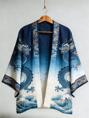 Japanese Dragons Sea Waves Gradient Linen Kimono