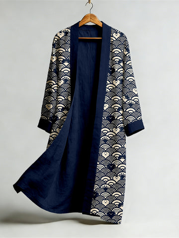 Vintage Japanese Cat Seigaiha Art Flowy Linen Long Kimono