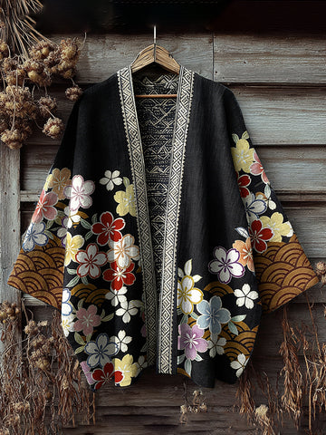 Retro Japanese Floral Art Print Cotton And Linen Blend Kimono Cardigan