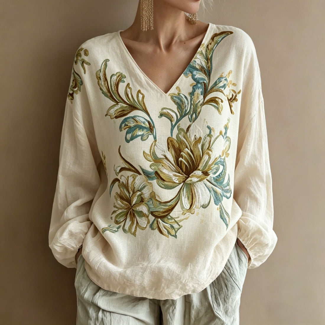 Women's Floral Art Pattern Linen Blend V-neck T-shirt