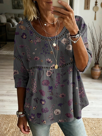 Women's Floral Art Print Flowy Linen Blend Casual Tops