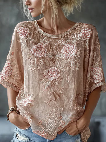 Women's Vintage Floral Embroidered Art Flowy Linen Blend Short Sleeve Casual Tops