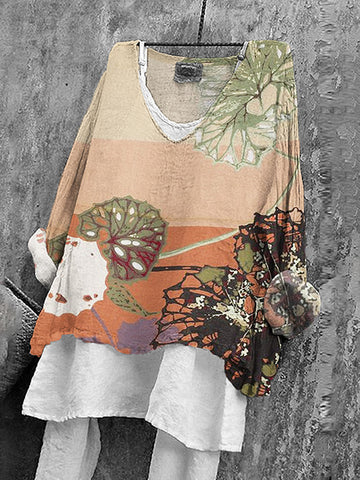 Women's Japanese Floral Print V-neck Loose T-shirt