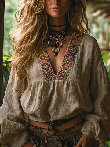 Women's Vacation Boho Tribal Print V-neck Linen Blend T-shirt