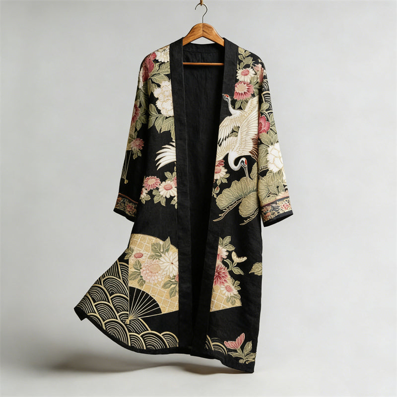 Japanese Cranes & Fan Floral Flowy Linen Long Kimono