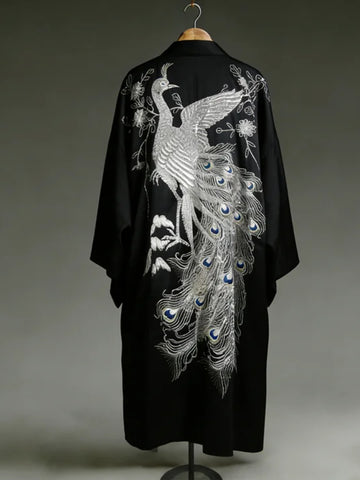 Japanese-style Peacock And Floral Embroidery Art Linen Long Kimono